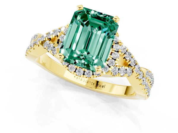 Yellow gold Emerald Cut Green Sapphire  Halo Twist Band Solitaire Prong Setting Ring