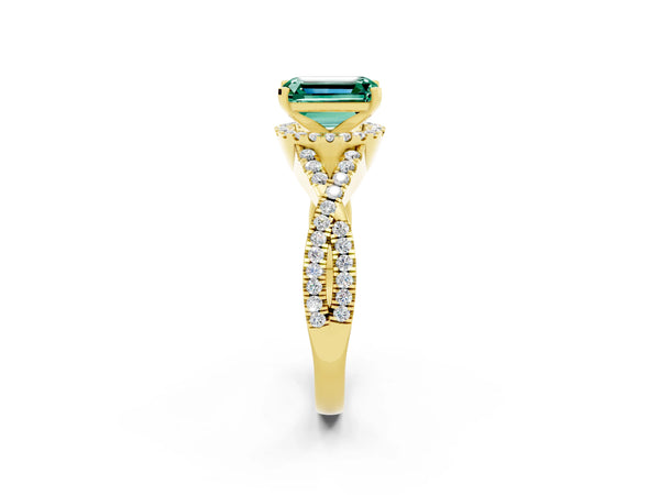 Yellow gold Emerald Cut Green Sapphire  Halo Twist Band Solitaire Prong Setting Ring