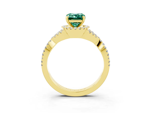Yellow gold Emerald Cut Green Sapphire  Halo Twist Band Solitaire Prong Setting Ring