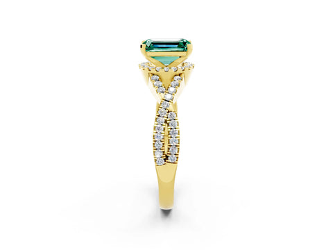 Yellow gold Emerald Cut Green Sapphire Halo Twist Band Solitaire Prong Setting Ring_2