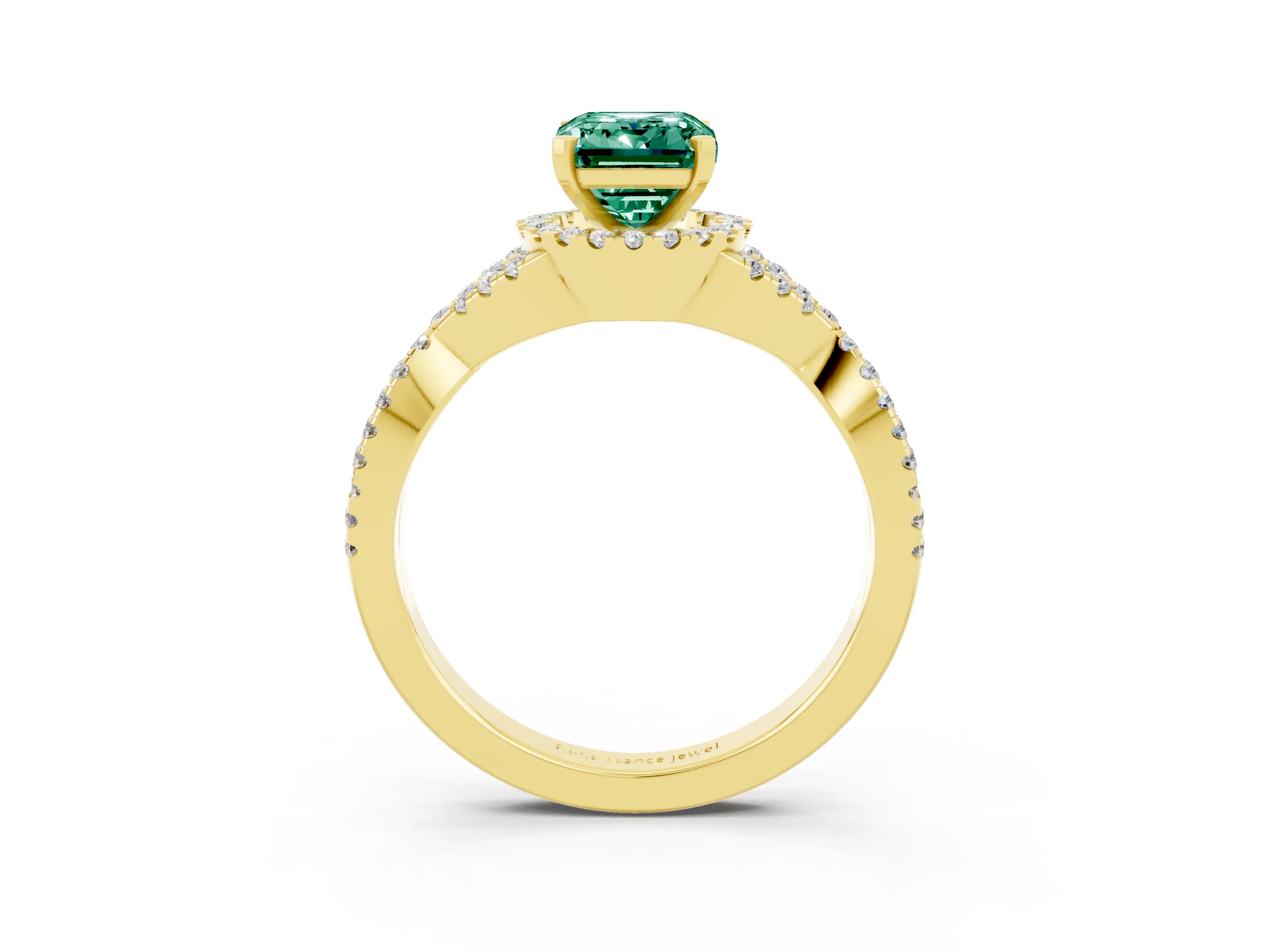 Yellow gold Emerald Cut Green Sapphire Halo Twist Band Solitaire Prong Setting Ring_3