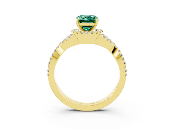 Yellow gold Emerald Cut Green Sapphire  Halo Twist Band Solitaire Prong Setting Ring