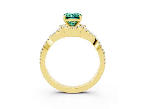 Yellow gold Emerald Cut Green Sapphire Halo Twist Band Solitaire Prong Setting Ring_3