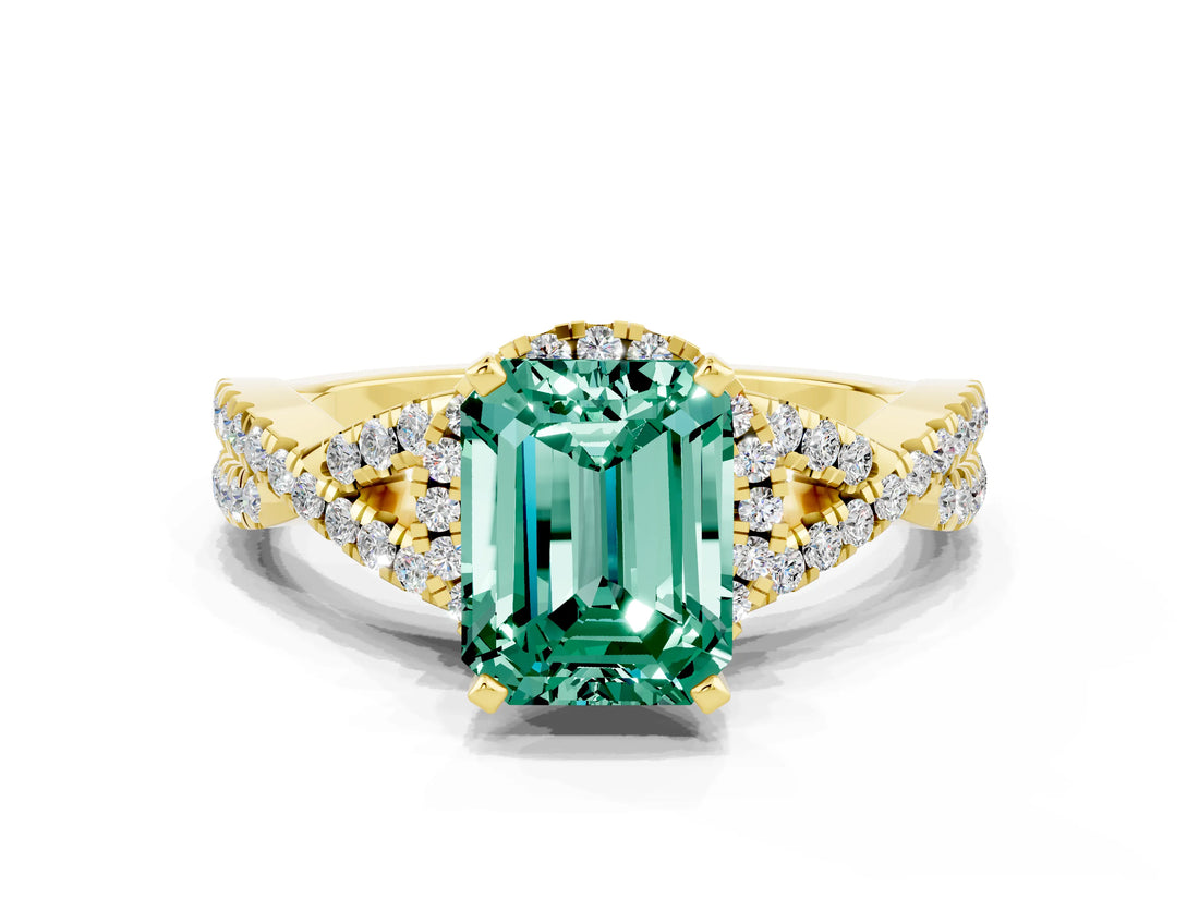 Yellow gold Emerald Cut Green Sapphire  Halo Twist Band Solitaire Prong Setting Ring_42
