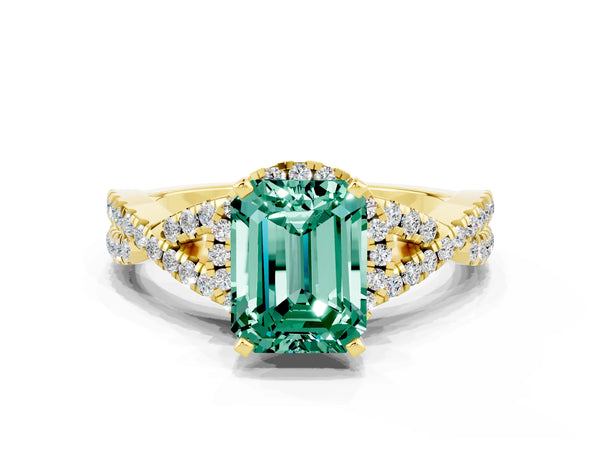 Yellow gold Emerald Cut Green Sapphire  Halo Twist Band Solitaire Prong Setting Ring