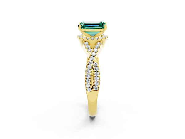 Yellow gold Emerald Cut Green Sapphire  Halo Twist Band Solitaire Prong Setting Ring