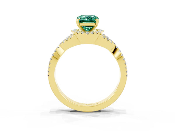 Yellow gold Emerald Cut Green Sapphire  Halo Twist Band Solitaire Prong Setting Ring