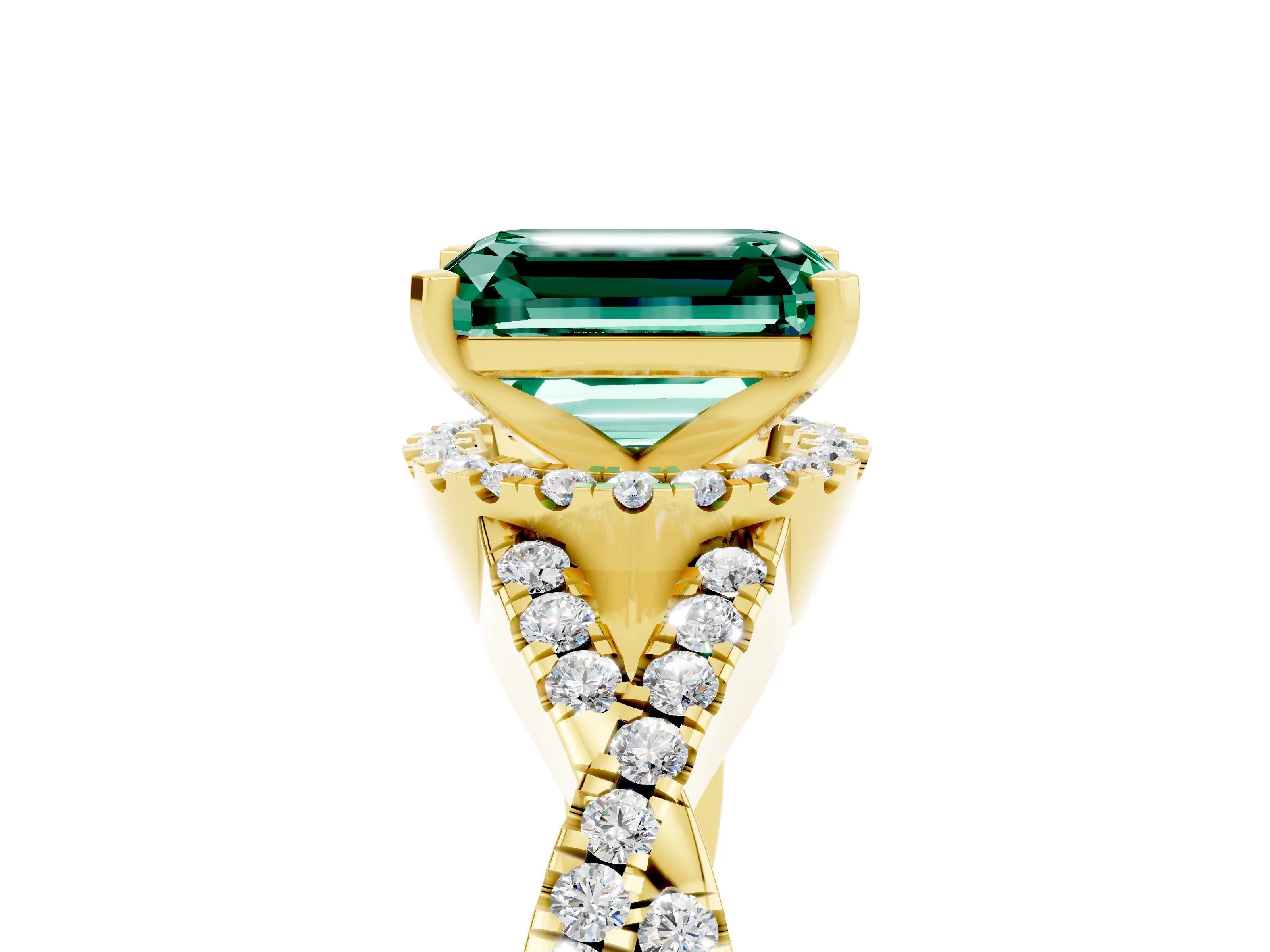 Yellow gold Emerald Cut Green Sapphire Halo Twist Band Solitaire Prong Setting Ring_5