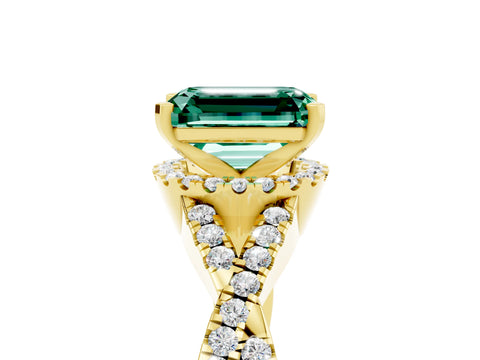 Yellow gold Emerald Cut Green Sapphire Halo Twist Band Solitaire Prong Setting Ring_5