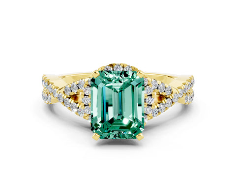 Yellow gold Emerald Cut Green Sapphire Halo Twist Band Solitaire Prong Setting Ring