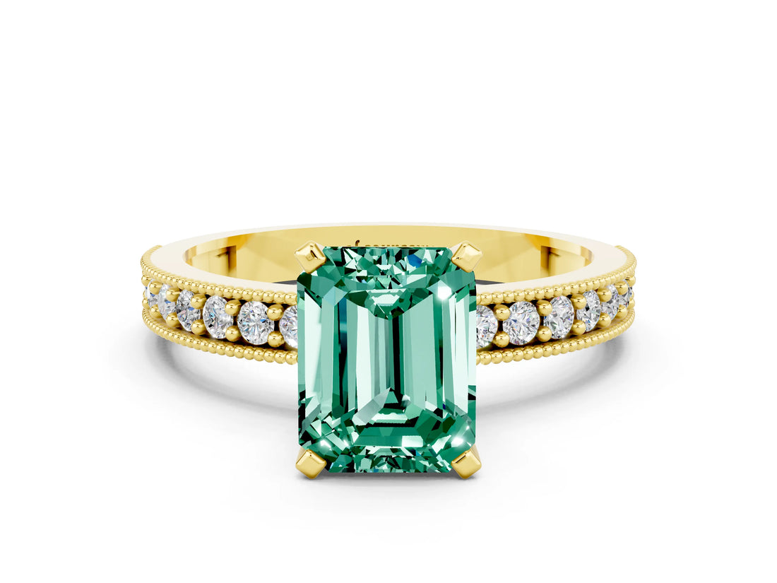Yellow gold Emerald Cut Green Sapphire Milgrain Pavé Engagement Ring with Four-Prong Setting_12
