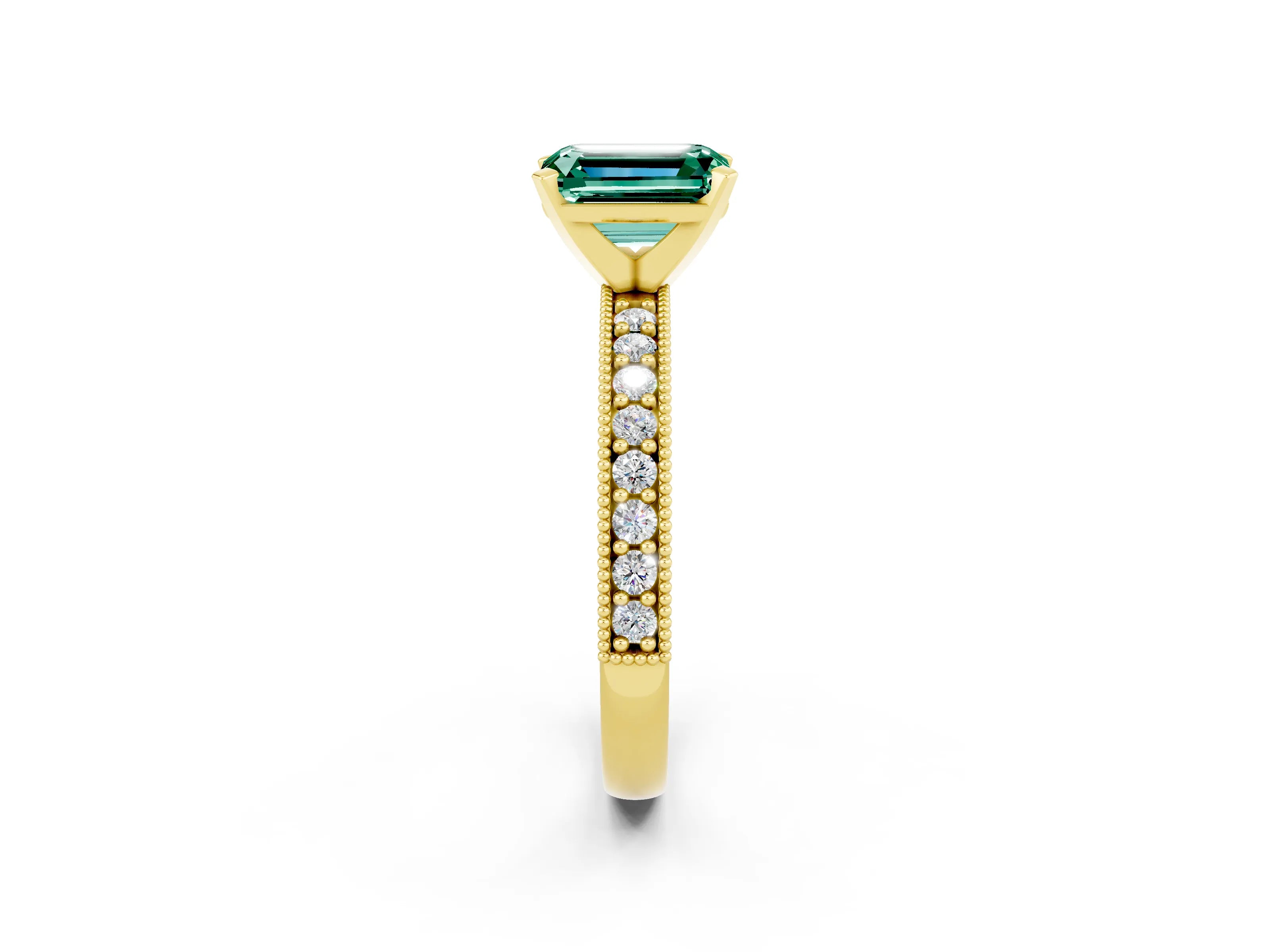 Yellow gold Emerald Cut Green Sapphire Milgrain Pavé Engagement Ring with Four-Prong Setting_14