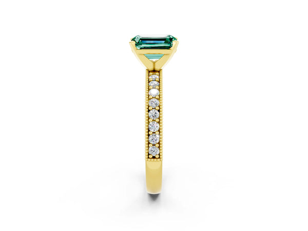 Yellow gold Emerald Cut Green Sapphire Milgrain Pavé Engagement Ring with Four-Prong Setting