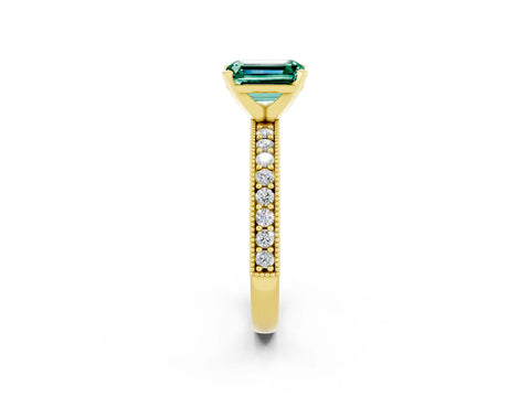 Yellow gold Emerald Cut Green Sapphire Milgrain Pavé Engagement Ring with Four-Prong Setting_14