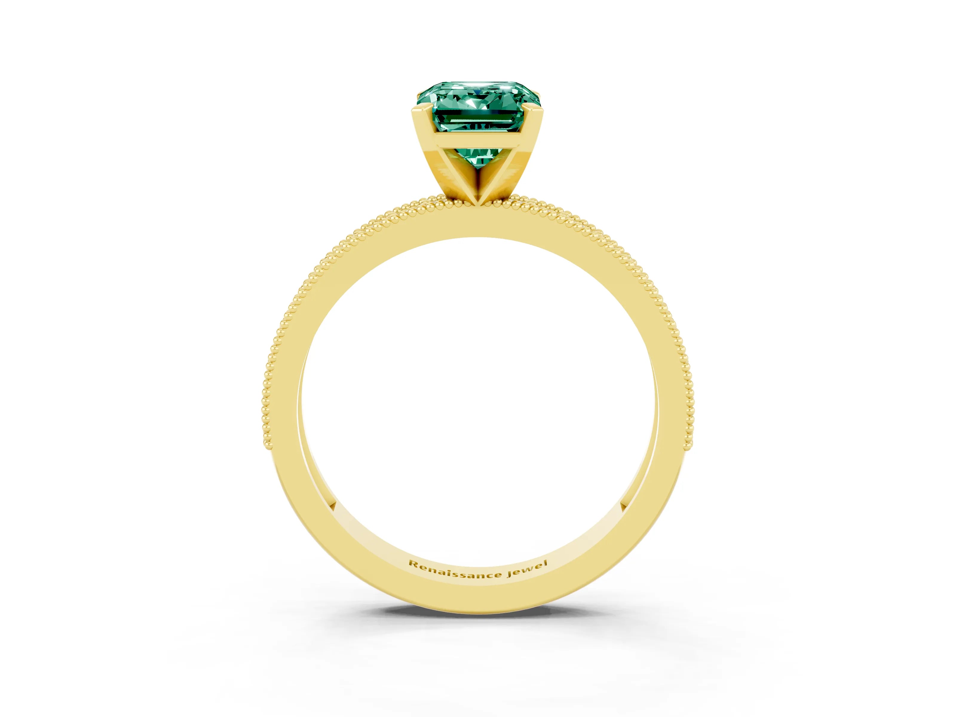 Yellow gold Emerald Cut Green Sapphire Milgrain Pavé Engagement Ring with Four-Prong Setting_15