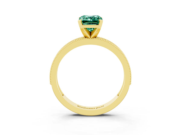 Yellow gold Emerald Cut Green Sapphire Milgrain Pavé Engagement Ring with Four-Prong Setting