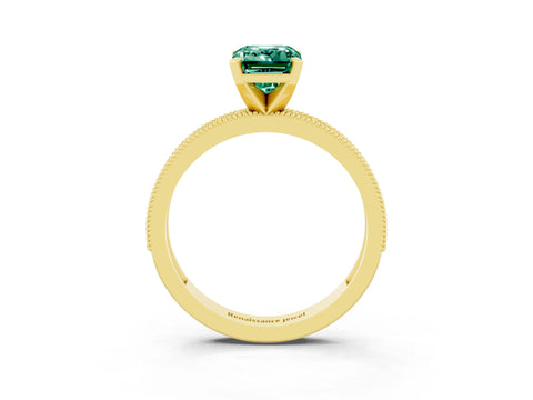 Yellow gold Emerald Cut Green Sapphire Milgrain Pavé Engagement Ring with Four-Prong Setting_15