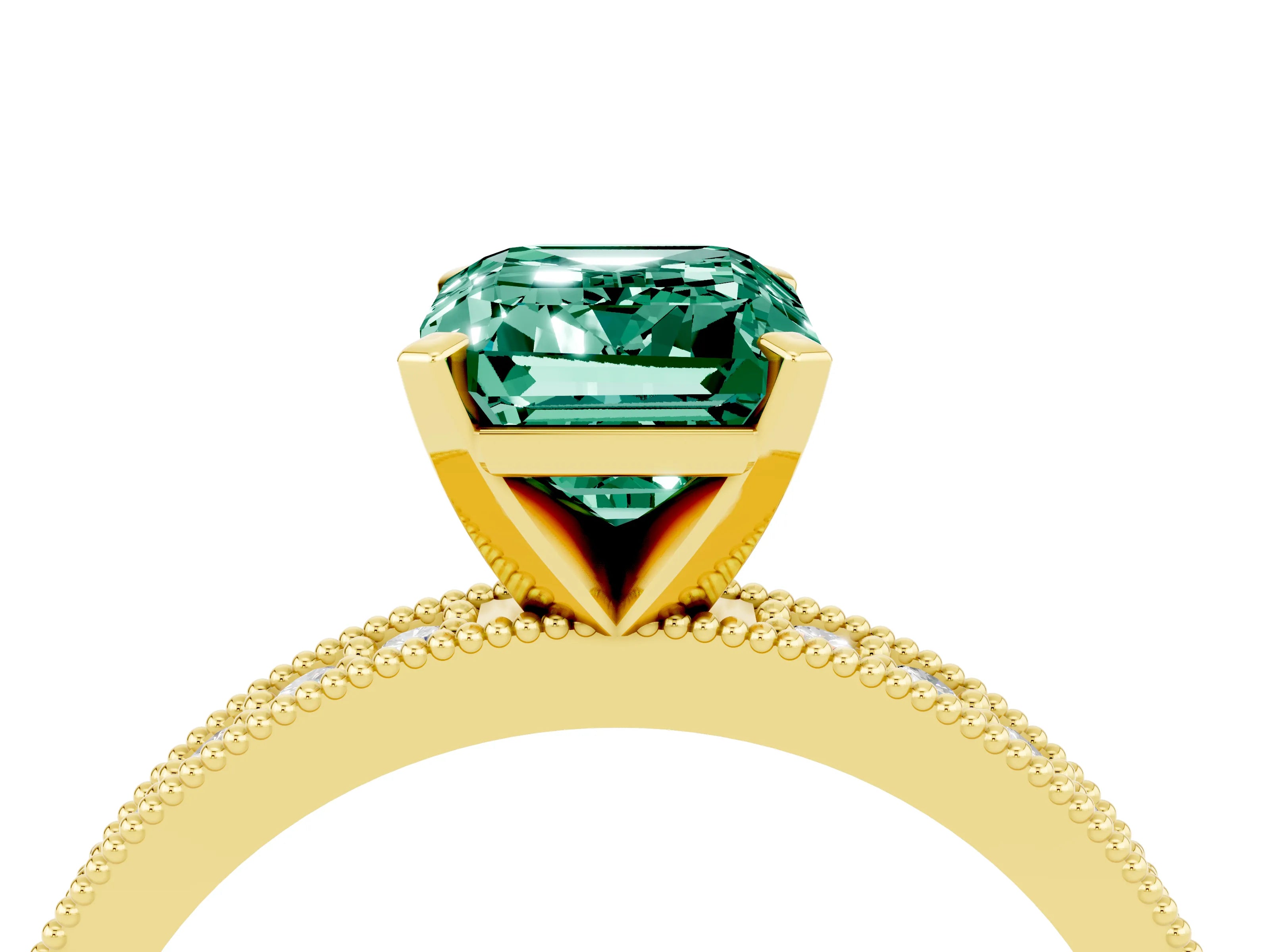 Yellow gold Emerald Cut Green Sapphire Milgrain Pavé Engagement Ring with Four-Prong Setting_16