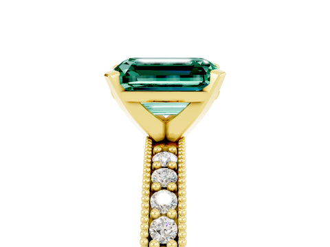 Yellow gold Emerald Cut Green Sapphire Milgrain Pavé Engagement Ring with Four-Prong Setting_17