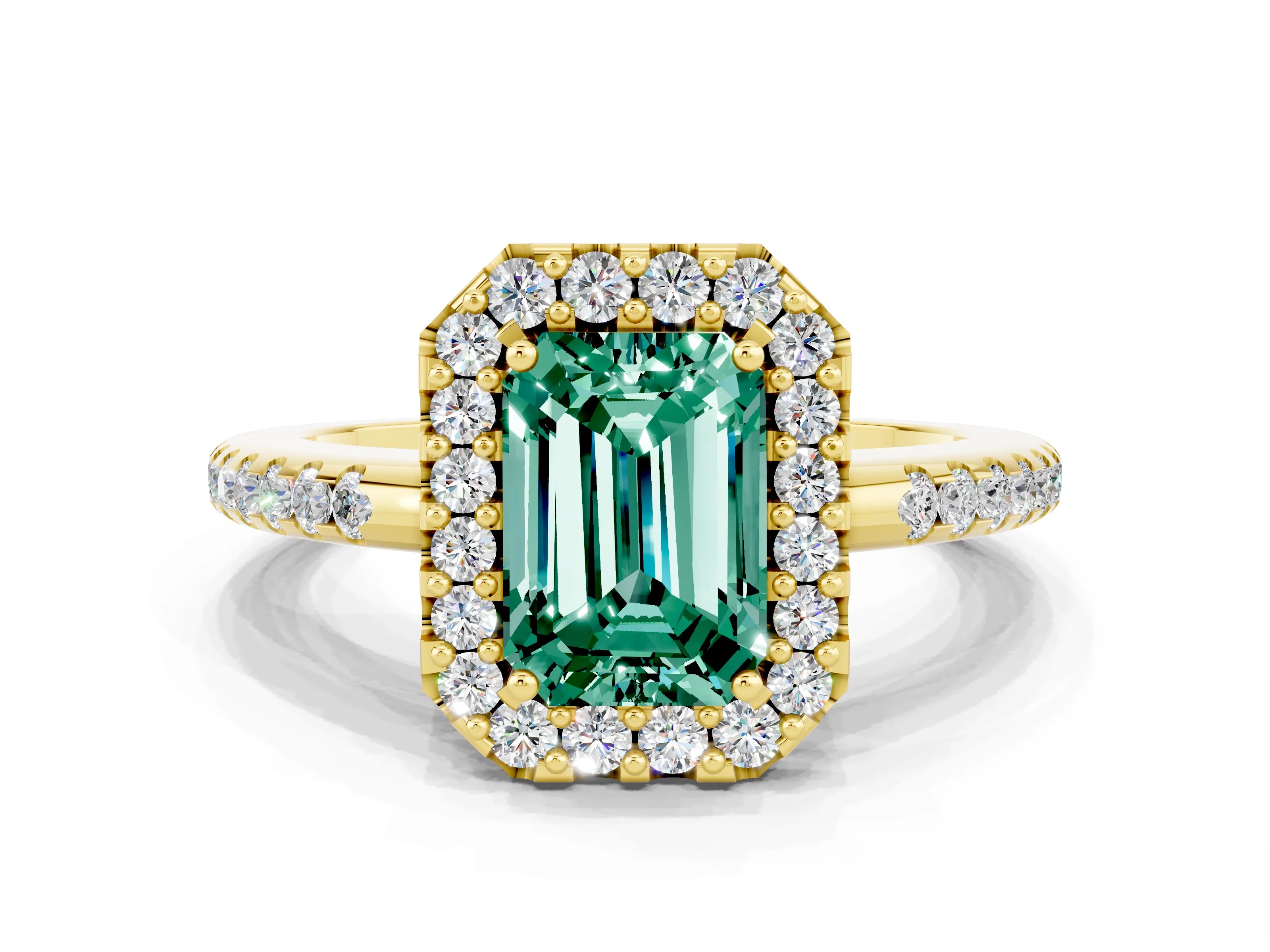 Yellow gold Emerald Cut Green Sapphire Pavé Halo Ring with Four-Prong Setting_12