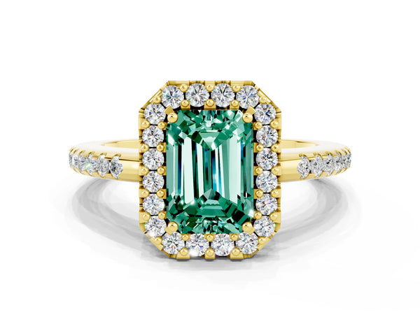 Yellow gold Emerald Cut Green Sapphire Pavé Halo Ring with Four-Prong Setting
