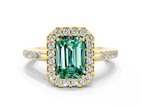 Yellow gold Emerald Cut Green Sapphire Pavé Halo Ring with Four-Prong Setting_12