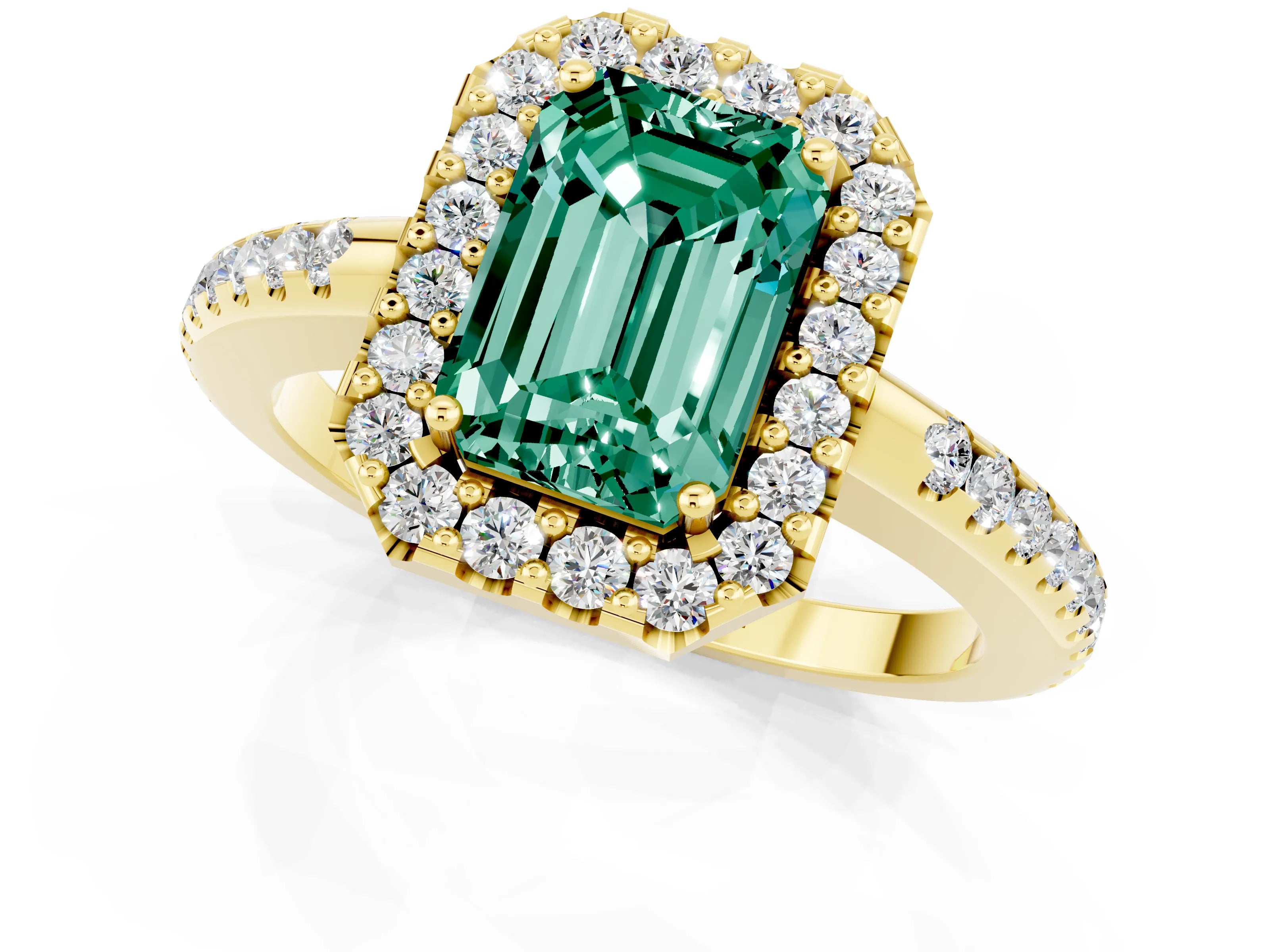 Yellow gold Emerald Cut Green Sapphire Pavé Halo Ring with Four-Prong Setting_13