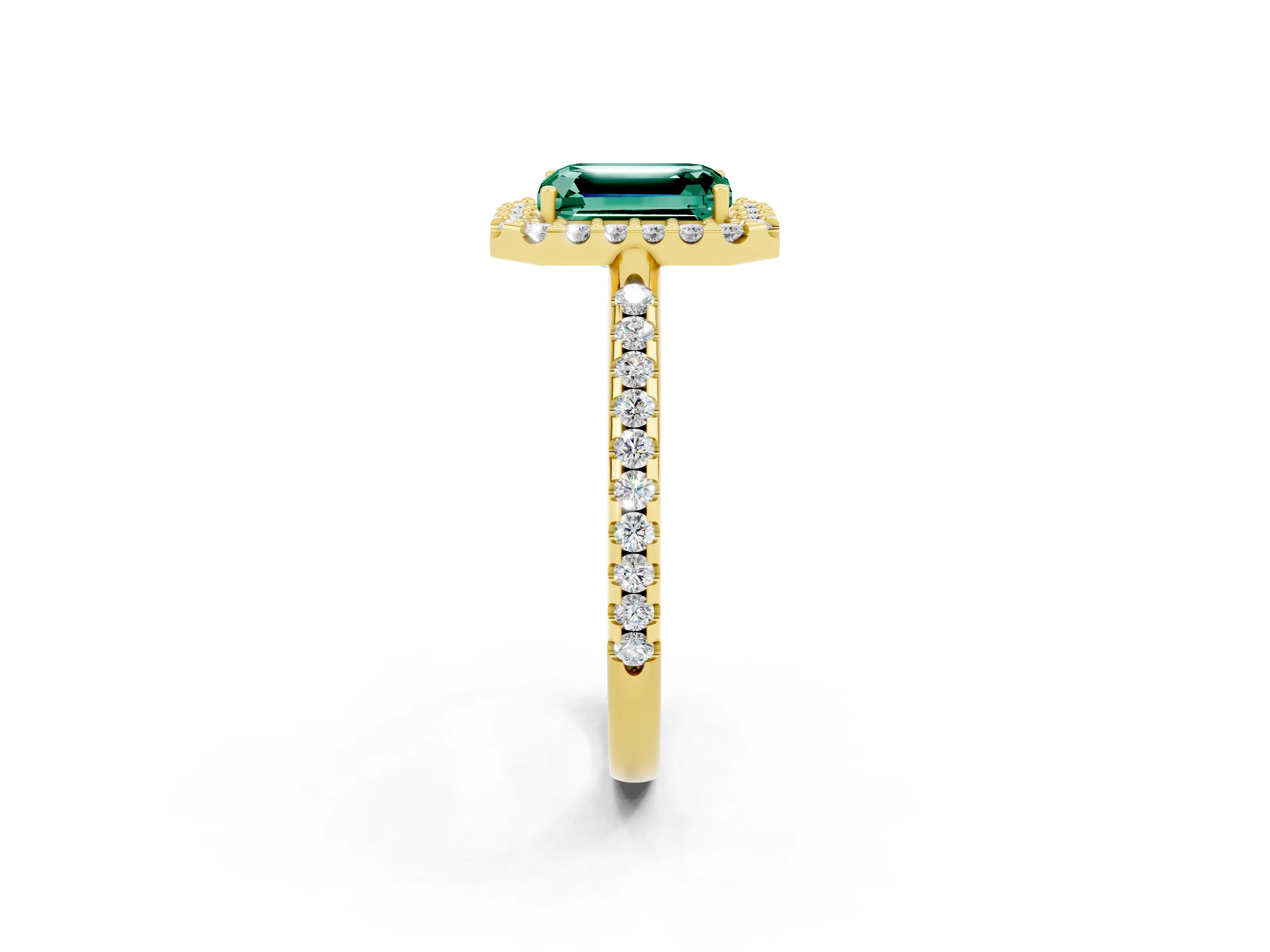 Yellow gold Emerald Cut Green Sapphire Pavé Halo Ring with Four-Prong Setting_14
