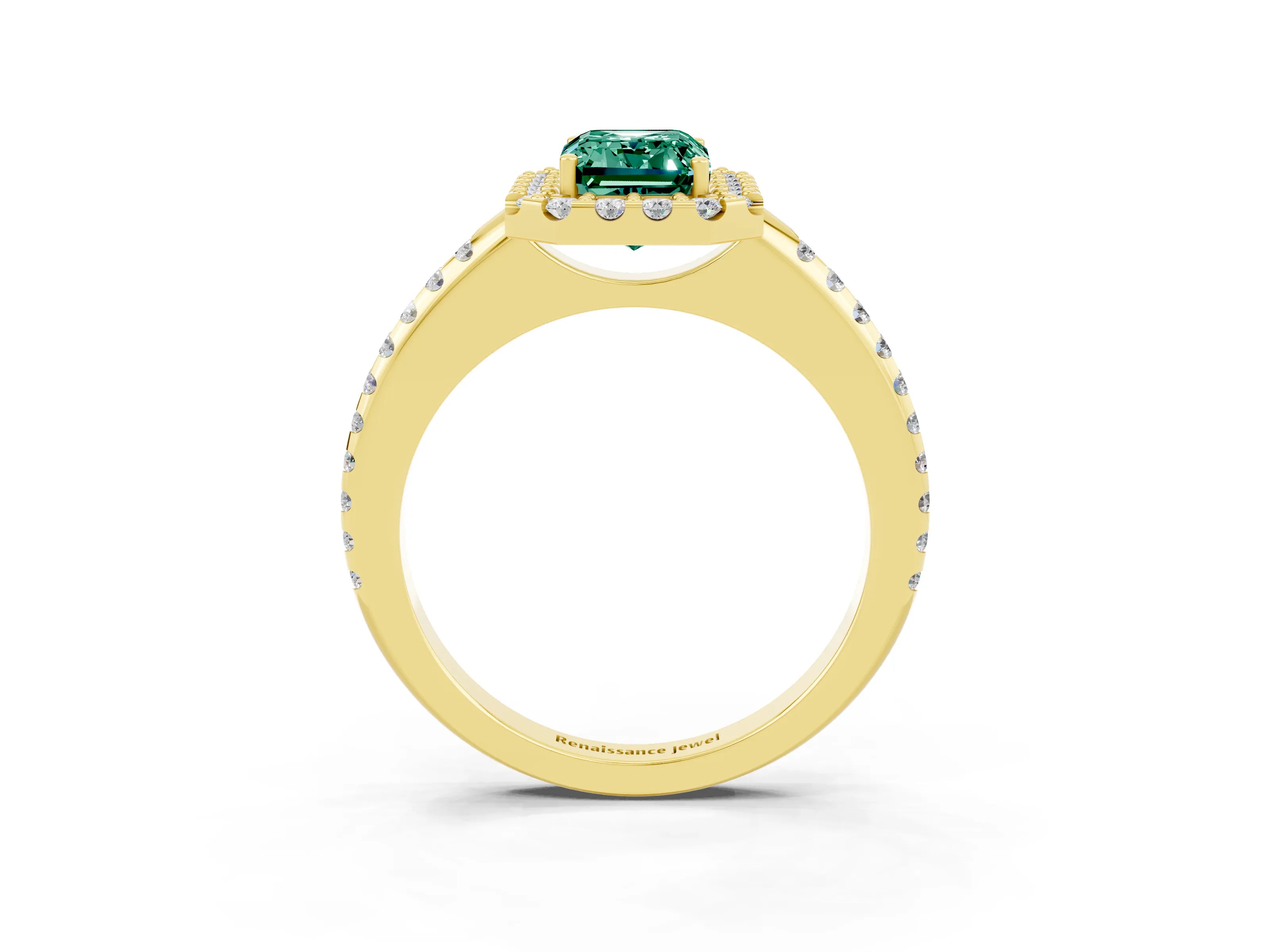 Yellow gold Emerald Cut Green Sapphire Pavé Halo Ring with Four-Prong Setting_15