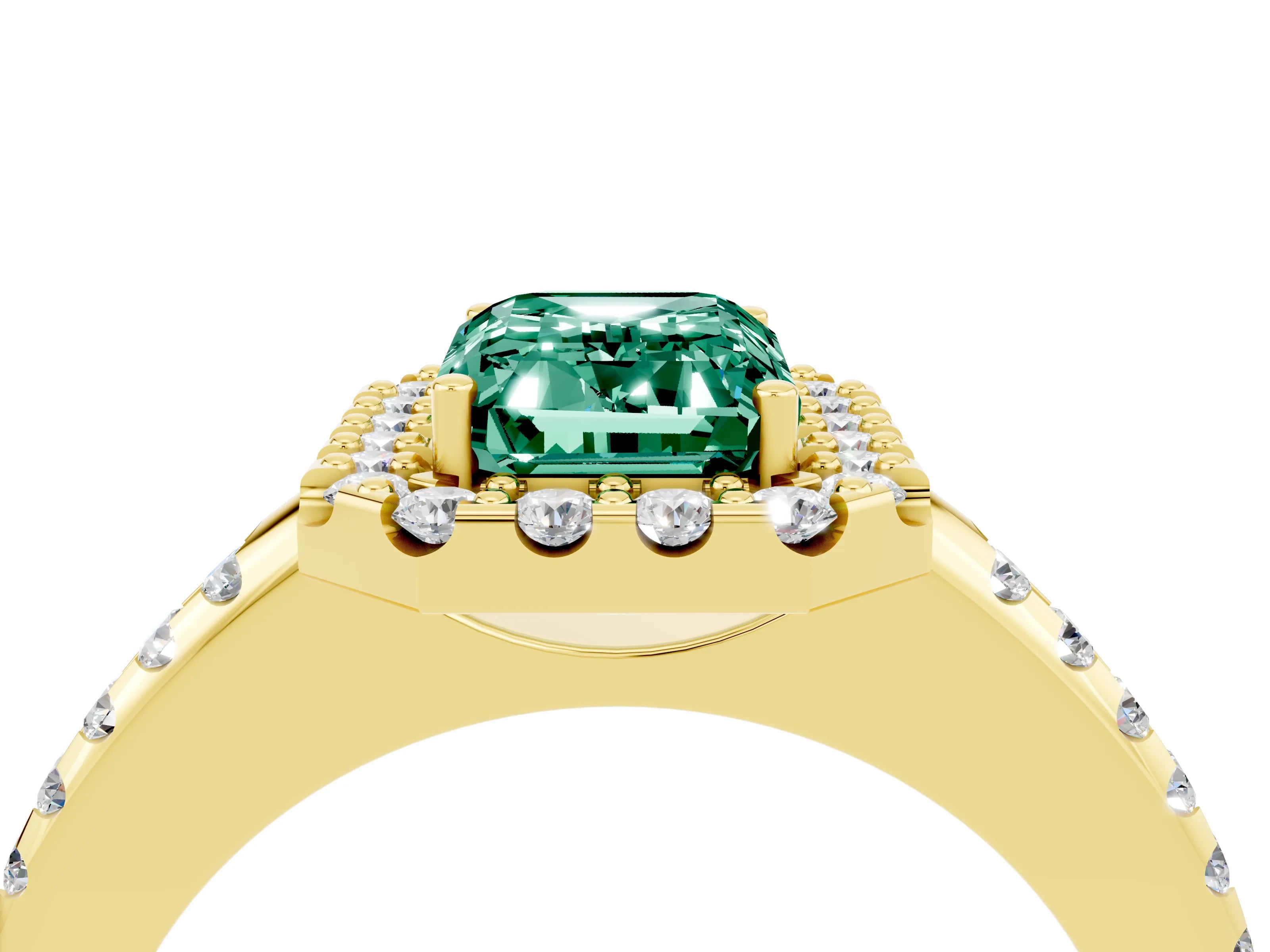 Yellow gold Emerald Cut Green Sapphire Pavé Halo Ring with Four-Prong Setting_16