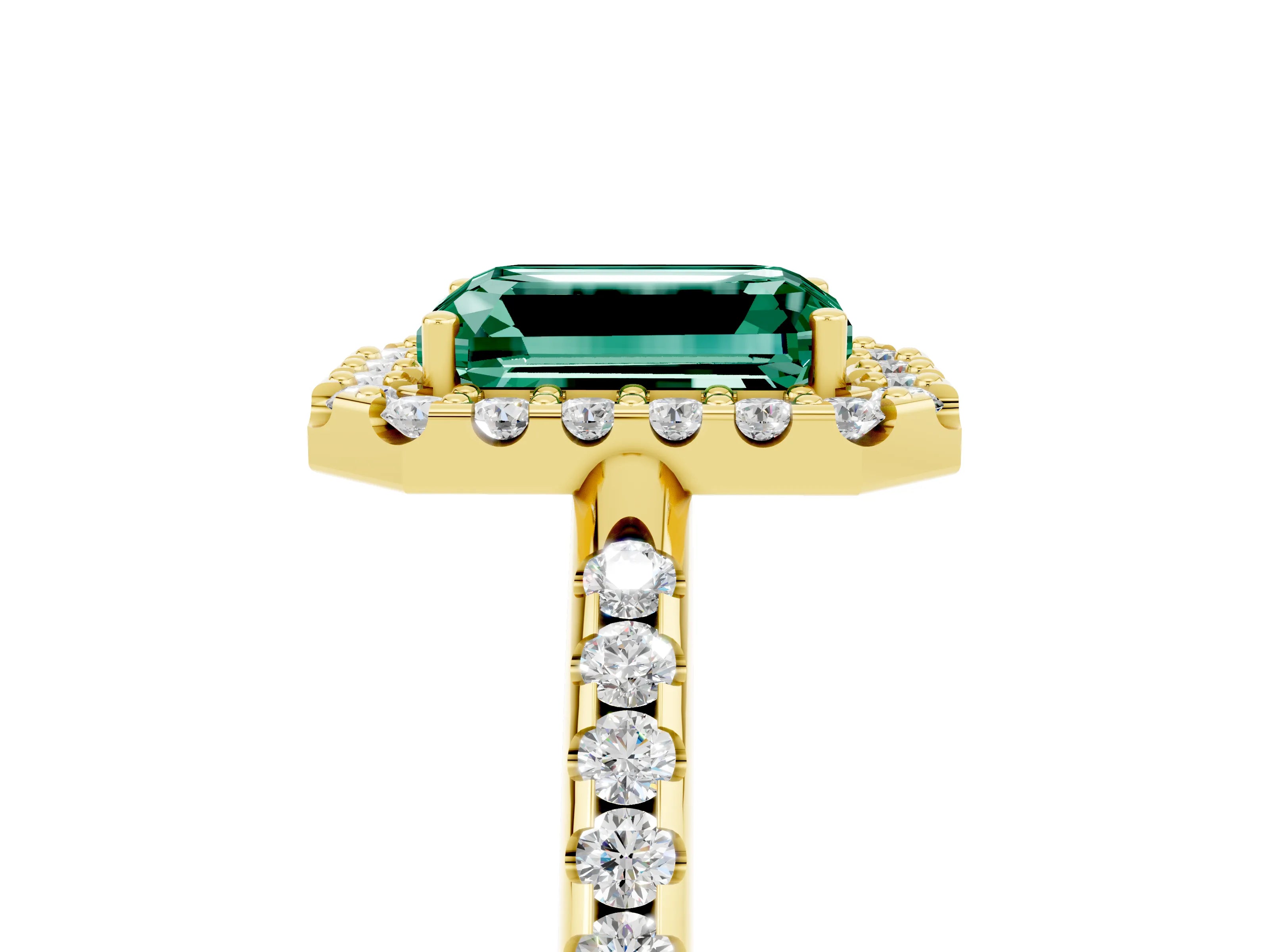 Yellow gold Emerald Cut Green Sapphire Pavé Halo Ring with Four-Prong Setting_17