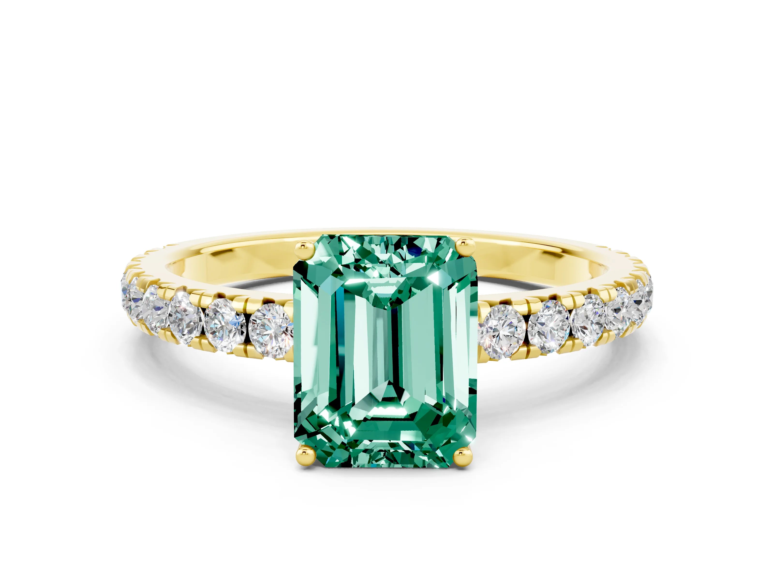Yellow gold Emerald Cut Green Sapphire Pavé Solitaire Engagement Ring with Four-Prong Setting_12
