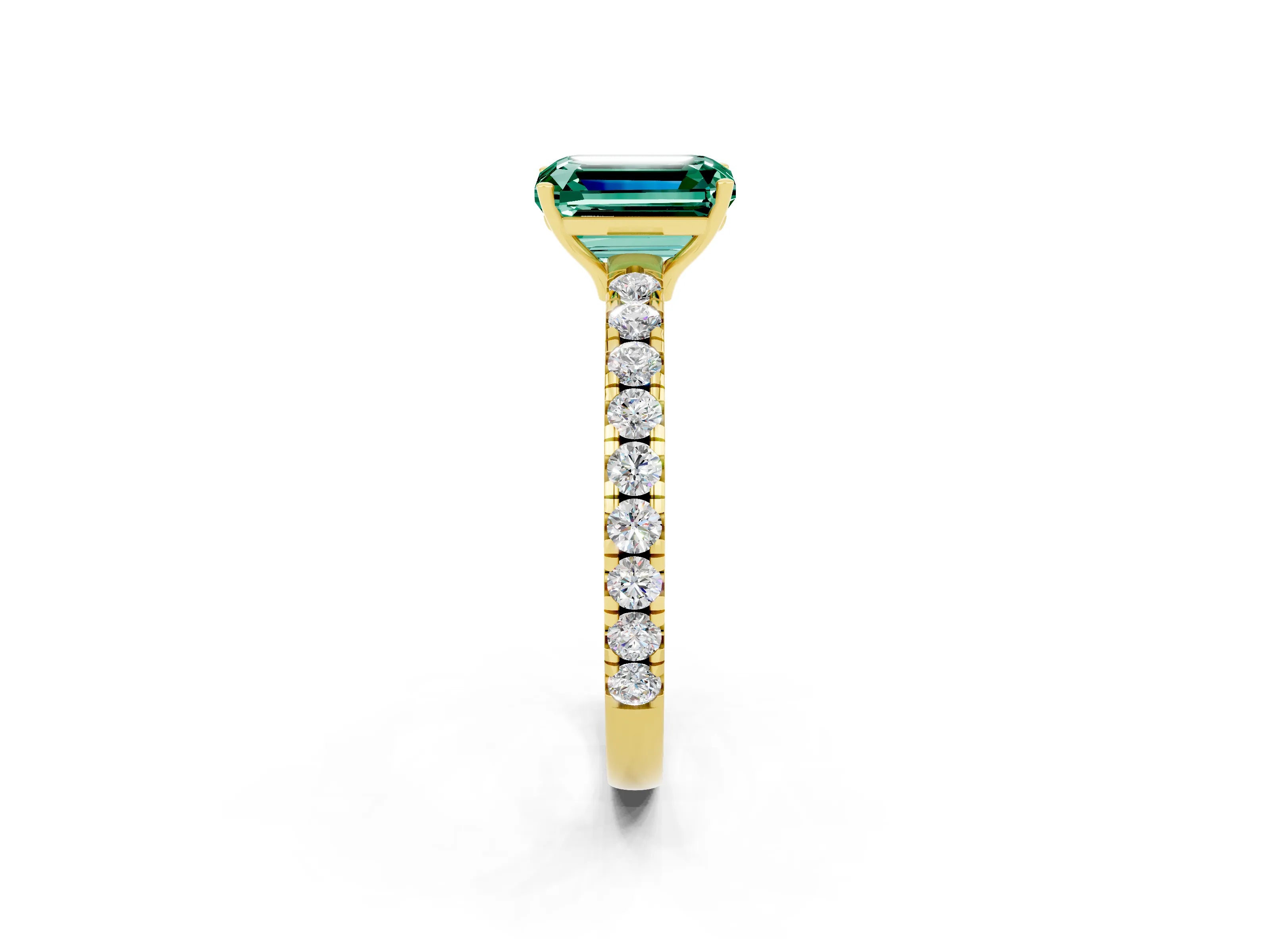Yellow gold Emerald Cut Green Sapphire Pavé Solitaire Engagement Ring with Four-Prong Setting_14