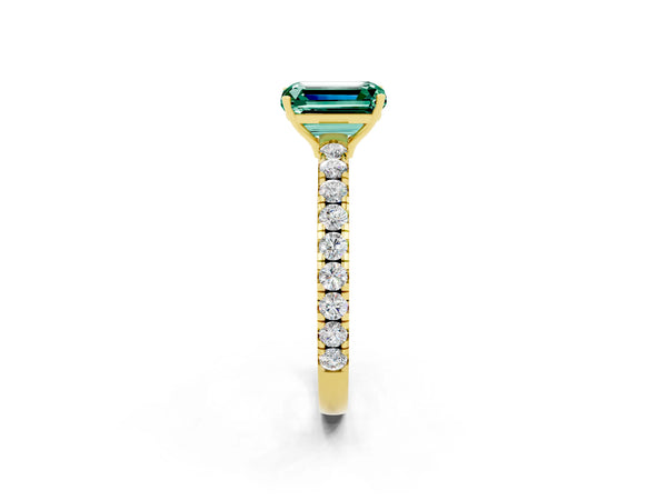 Yellow gold Emerald Cut Green Sapphire Pavé Solitaire Engagement Ring with Four-Prong Setting