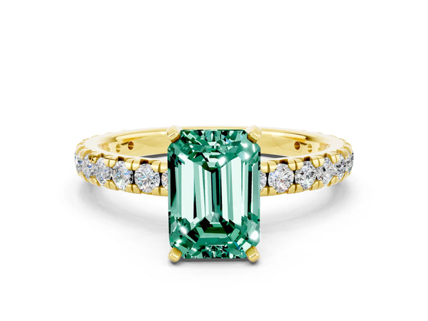 Yellow gold Emerald Cut Green Sapphire Pavé Solitaire Ring with Round Band and Prong Setting