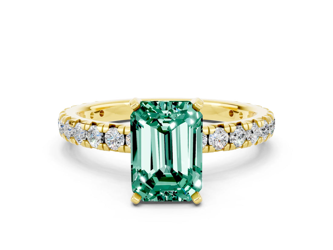 Yellow gold Emerald Cut Green Sapphire Pavé Solitaire Ring with Round Band and Prong Setting_24