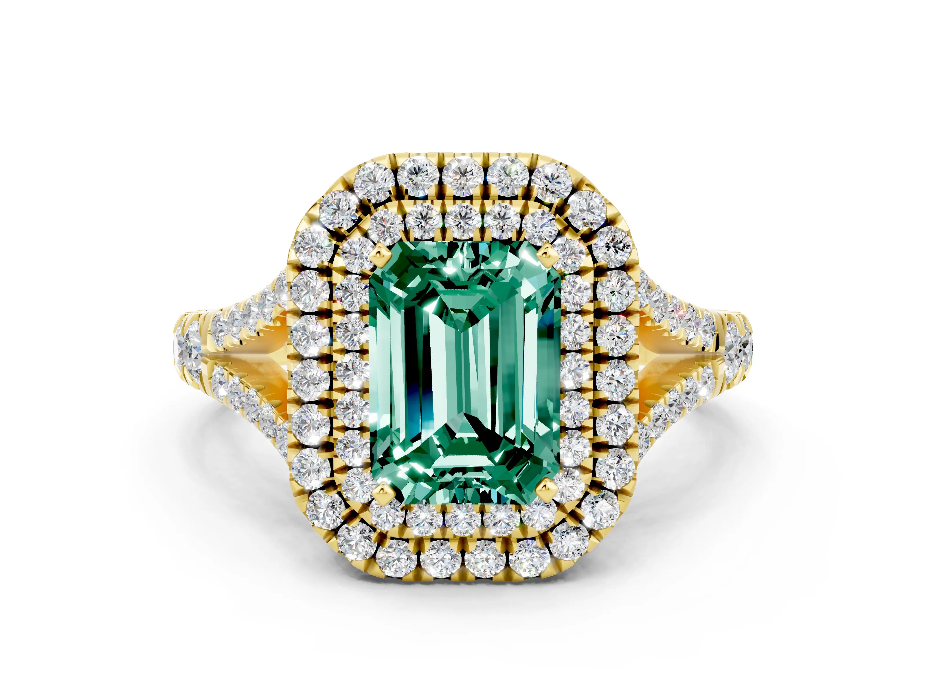 Yellow gold Emerald Cut Green Sapphire Pavé Split Shank Double Halo Engagement Ring