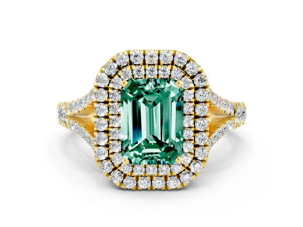 Yellow gold Emerald Cut Green Sapphire Pavé Split Shank Double Halo Engagement Ring