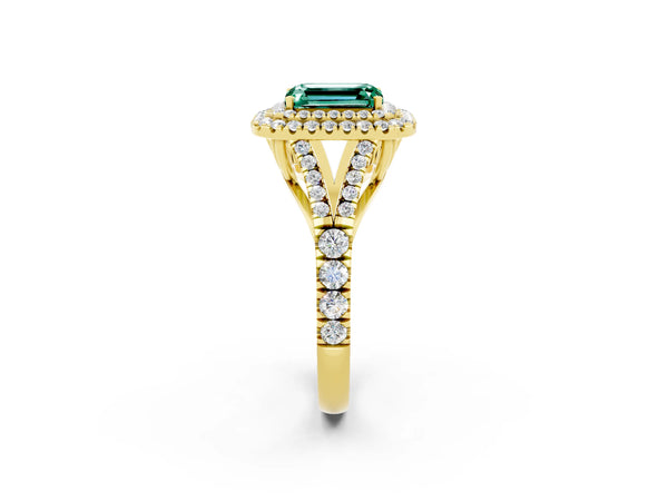 Yellow gold Emerald Cut Green Sapphire Pavé Split Shank Double Halo Engagement Ring