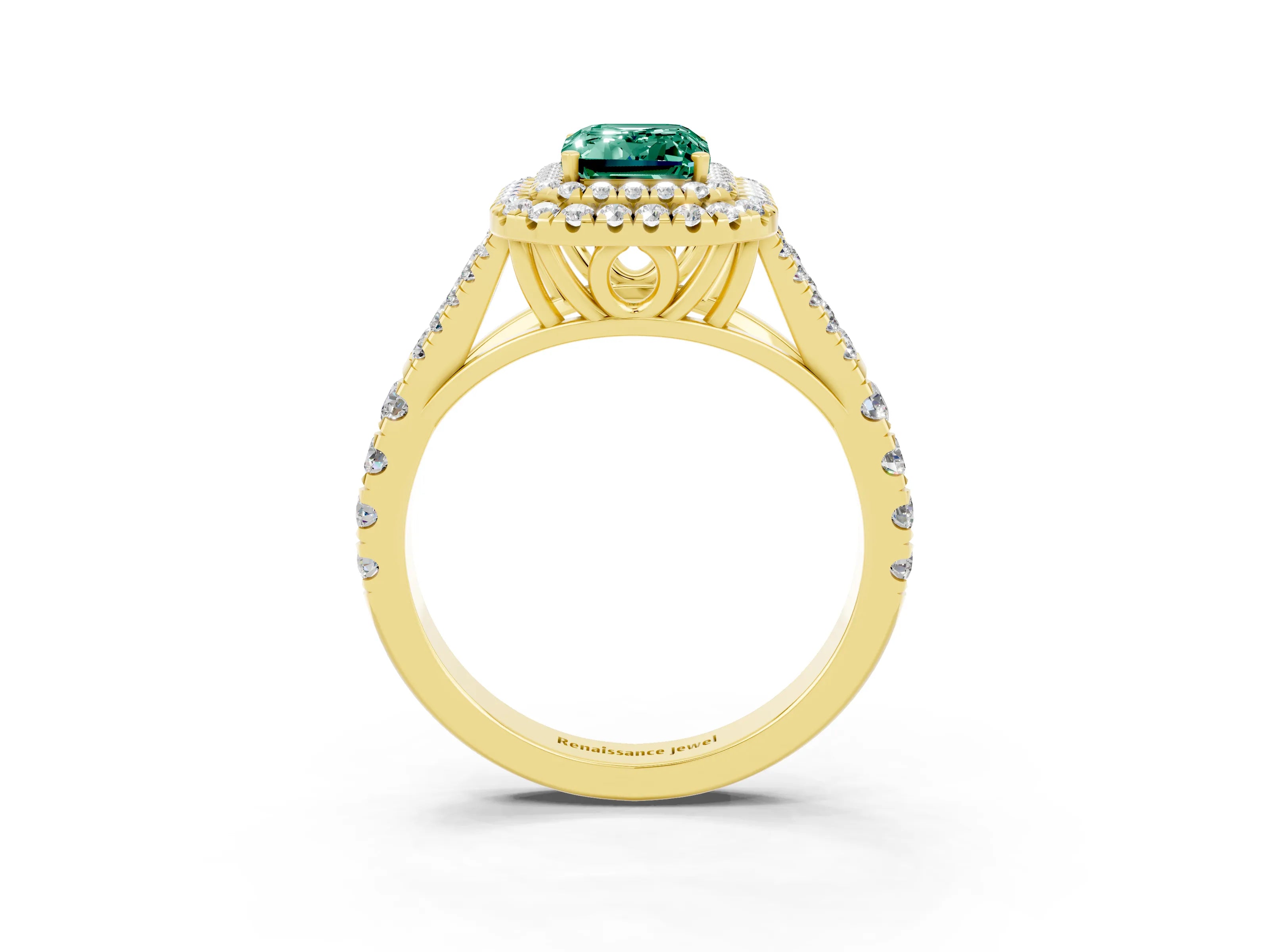Yellow gold Emerald Cut Green Sapphire Pavé Split Shank Double Halo Engagement Ring_3