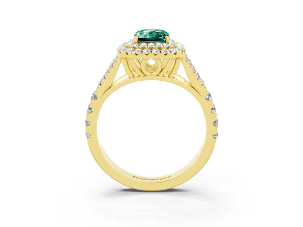 Yellow gold Emerald Cut Green Sapphire Pavé Split Shank Double Halo Engagement Ring