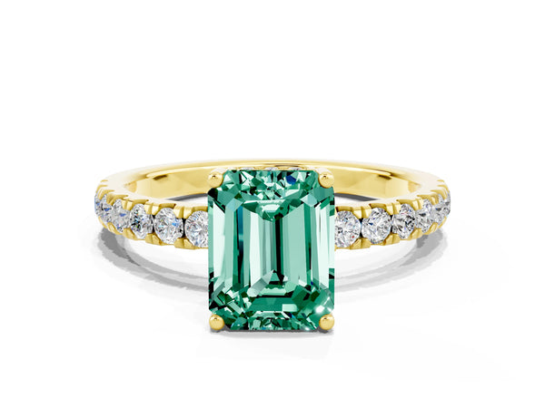 Yellow gold Emerald Cut Green Sapphire Pave Band Solitaire Ring with Round  and Prong Setting