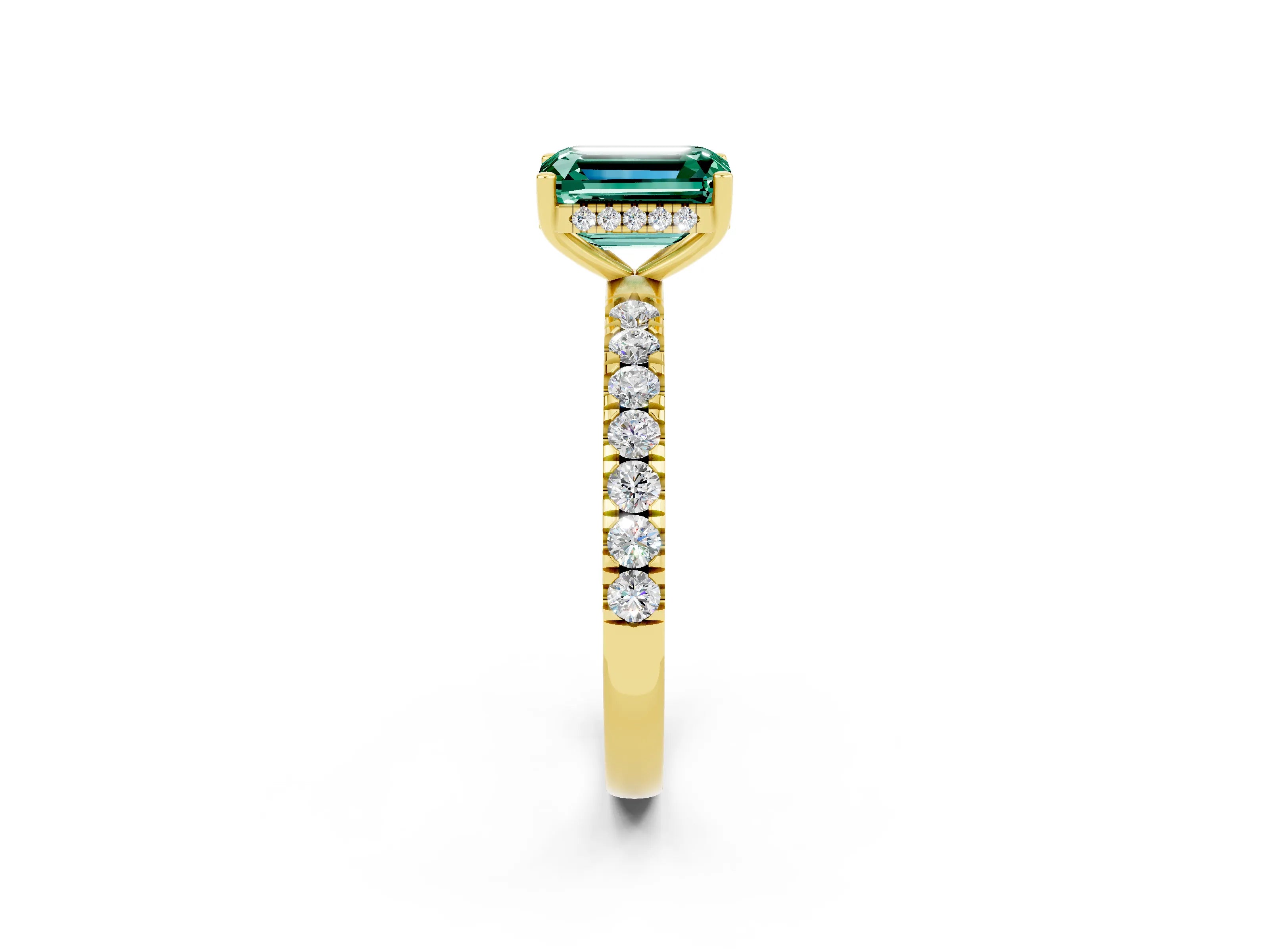 Yellow gold Emerald Cut Green Sapphire Pave Band Solitaire Ring with Four-Prong Setting_14