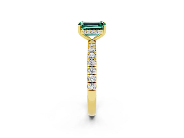 Yellow gold Emerald Cut Green Sapphire Pave Band Solitaire Ring with Round  and Prong Setting