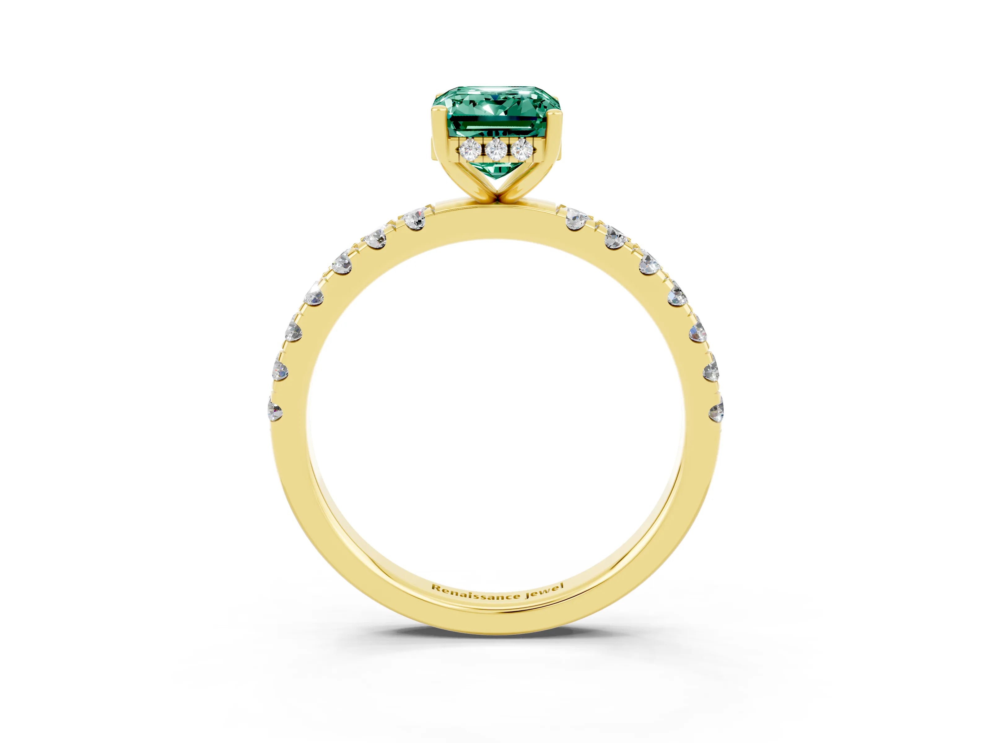 Yellow gold Emerald Cut Green Sapphire Pave Band Solitaire Ring with Four-Prong Setting_15