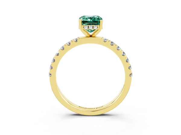 Yellow gold Emerald Cut Green Sapphire Pave Band Solitaire Ring with Round  and Prong Setting