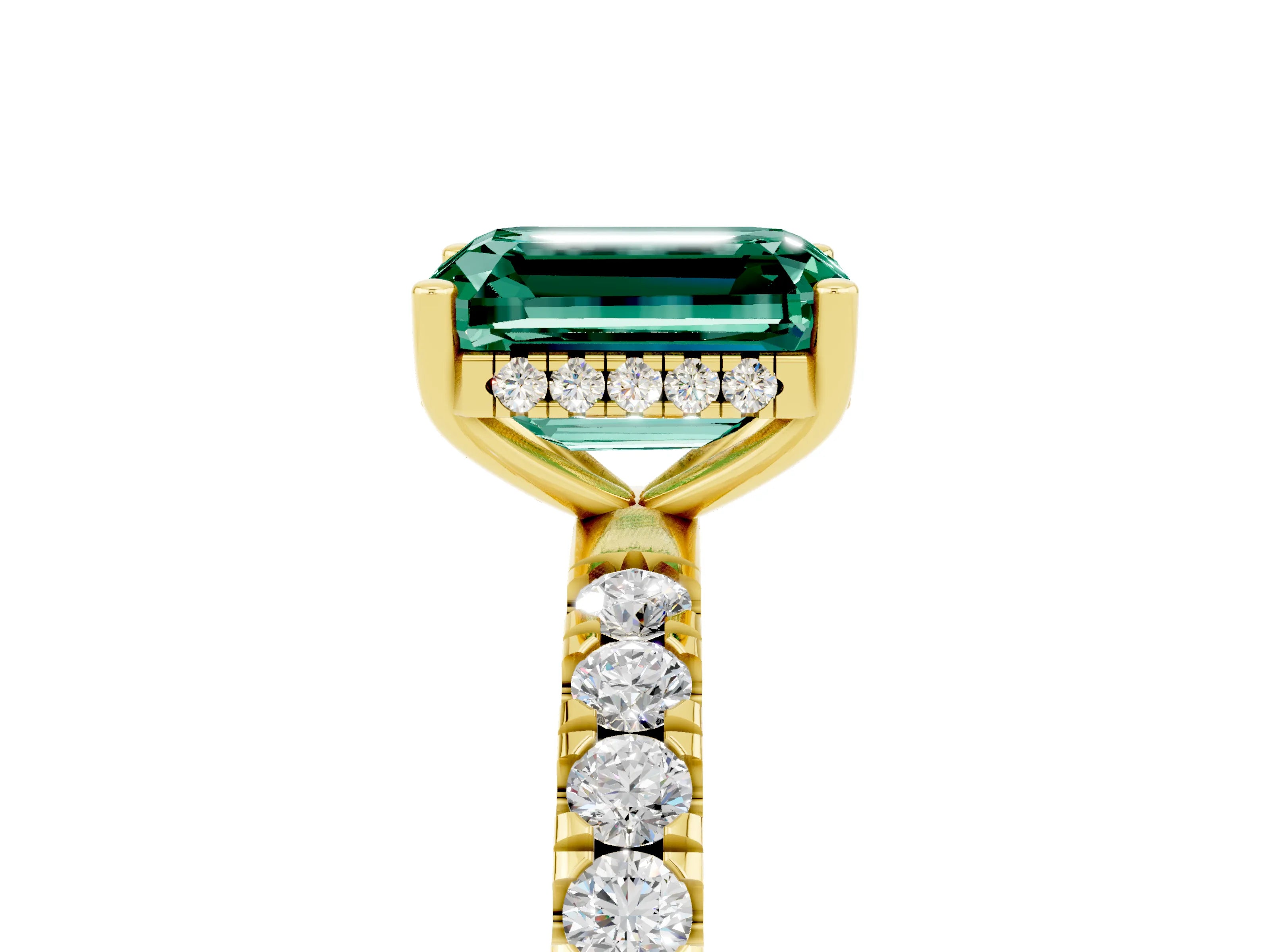 Yellow gold Emerald Cut Green Sapphire Pave Band Solitaire Ring with Four-Prong Setting_17