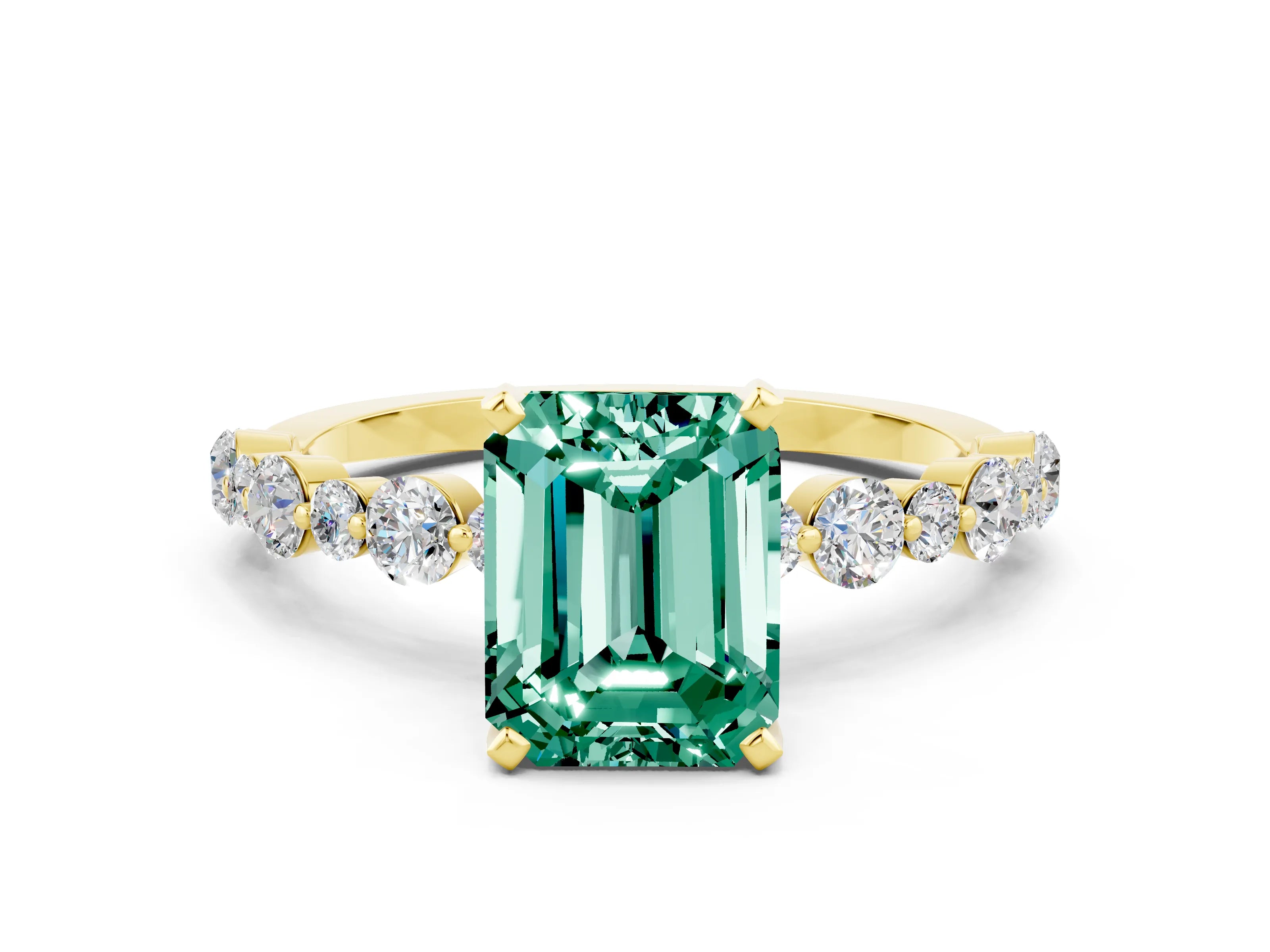 Yellow gold Emerald Cut Green Sapphire Prong Set Engagement Ring with Pavé Band