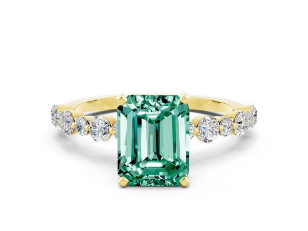 Yellow gold Emerald Cut Green Sapphire Prong Set Engagement Ring with Pavé Band