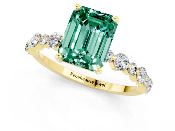 Yellow gold Emerald Cut Green Sapphire Prong Set Engagement Ring with Pavé Band